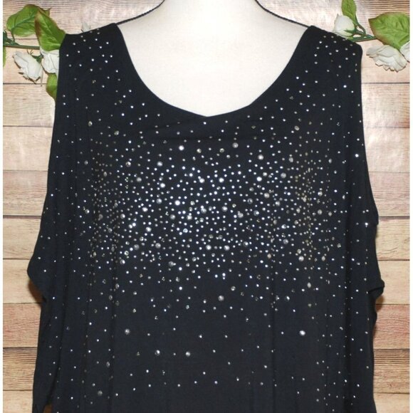 Venus Womens Black Studded Open Shoulder Blouse Top Size 3X Stretch Short Sleeve - Picture 2 of 9